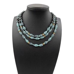 Vintage Japan Triple Strand Blue Swirl Glass Bead Necklace Butterfly Clasp